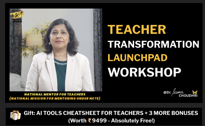 Dr. Seema Choudhri presenting the AI Teacher Transformation Launchpad Workshop with free teacher bonuses